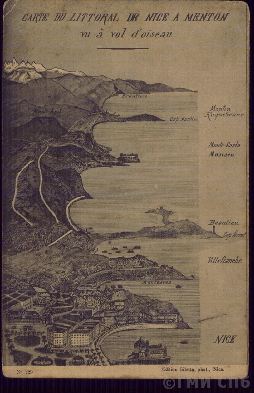 Карта побережья от Ниццы до Ментоны с высоты птичьего полета. Начало XX века
