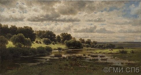 Каменев, Л.Л.         Летний пейзаж с часовенкой у реки. 1870-е годы