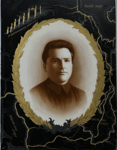   Portrait of S. M. Kirov against a map of the Mariinsky water system.  1935