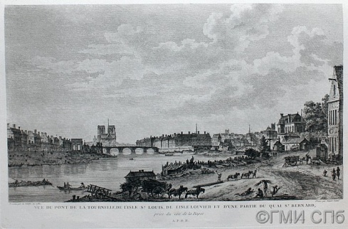 Нике старший, К.                Вид моста Турнель, острова Сен-Луи, острова Лувьер и части набережной Сен-Бернар со стороны набережной Рапе.    1784